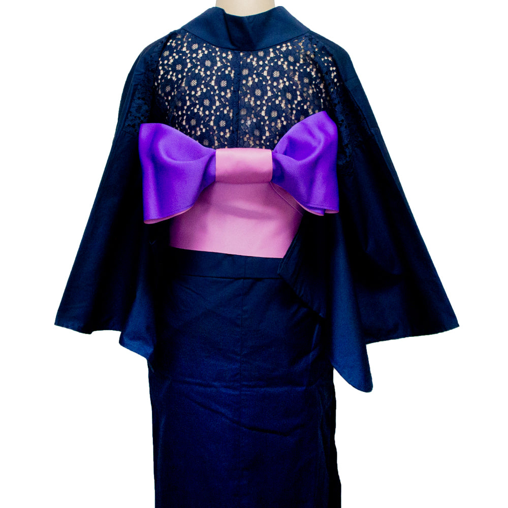 二部式浴衣/無地とレース(紺)＆帯セット