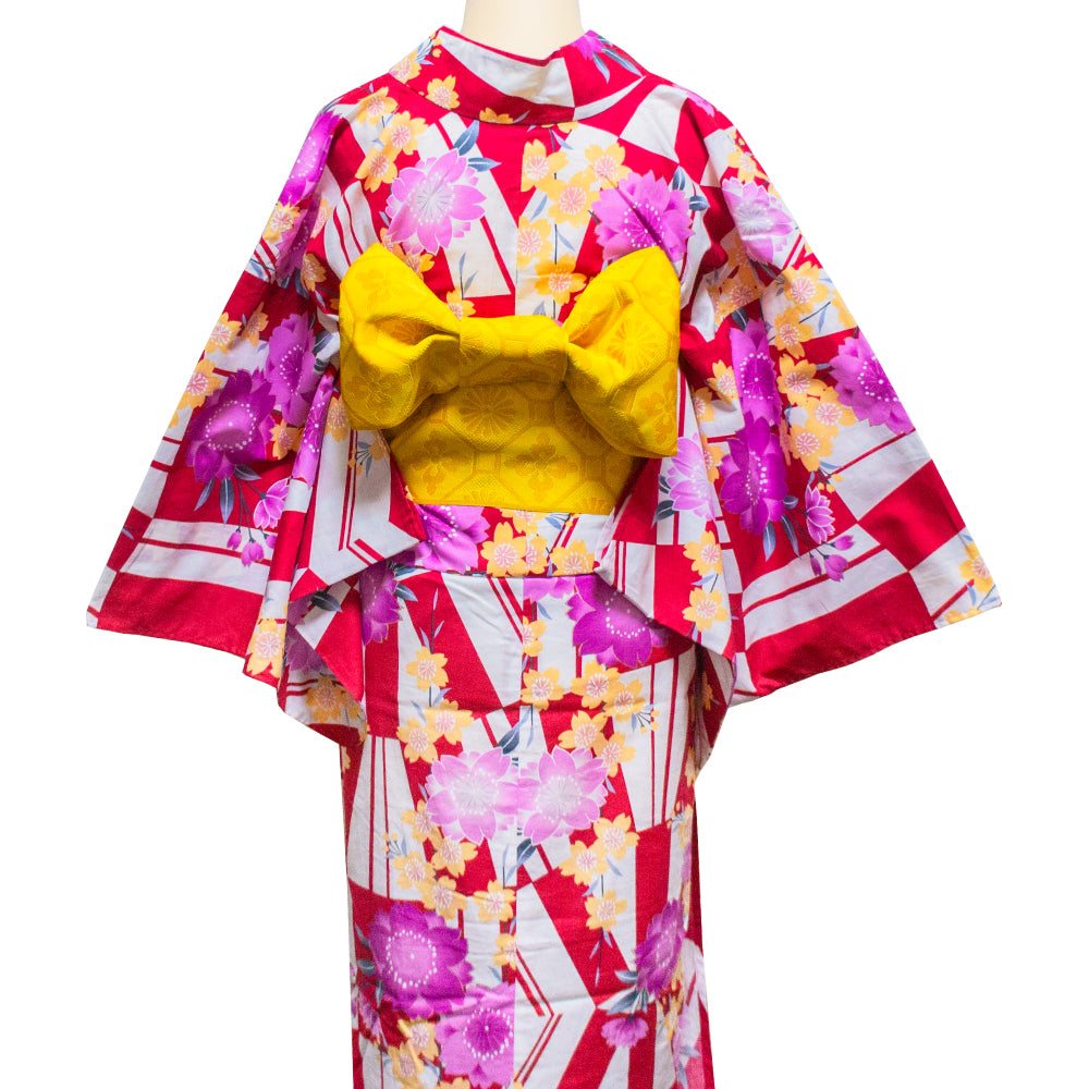 二部式浴衣/変則市松と桜(赤)＆帯セット