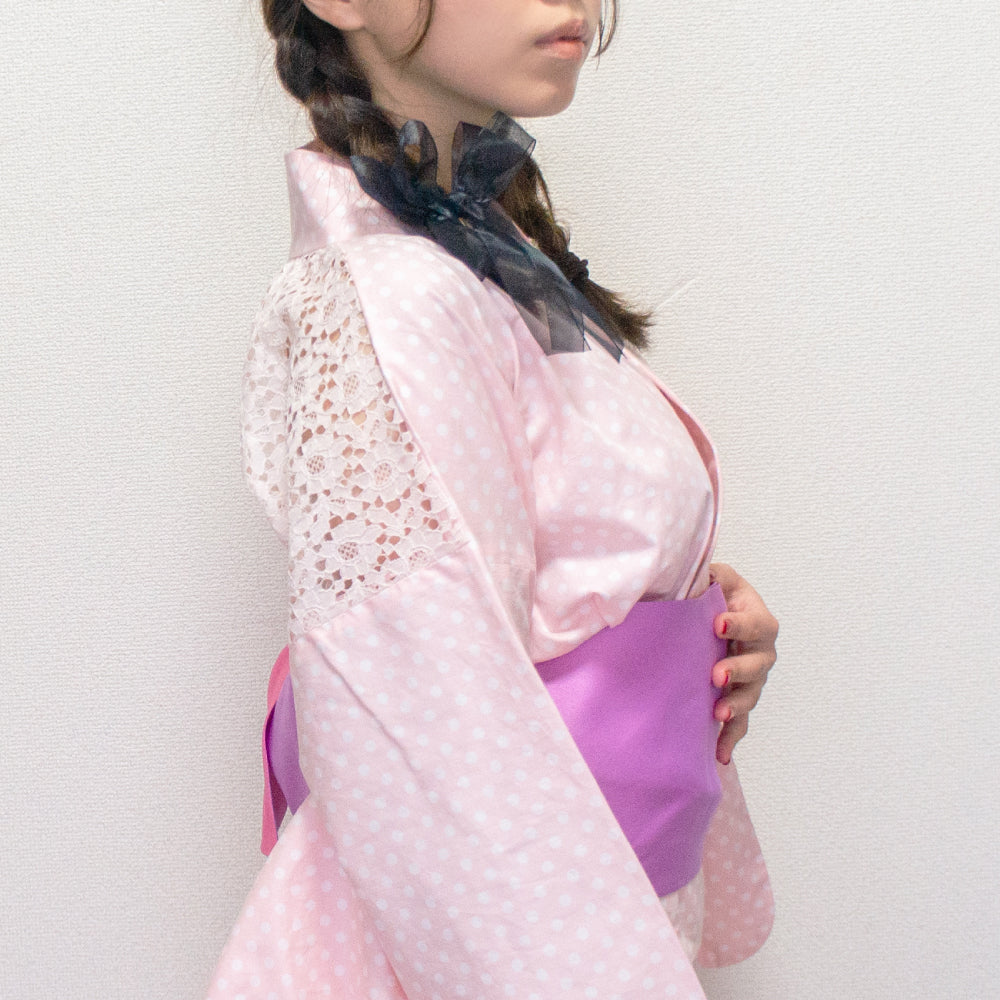 二部式浴衣/水玉とレース(ピンク)＆帯セット