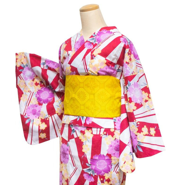 二部式浴衣/変則市松と桜(赤)＆帯セット