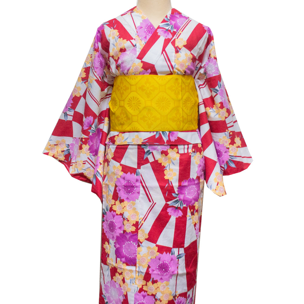 二部式浴衣/変則市松と桜(赤)＆帯セット