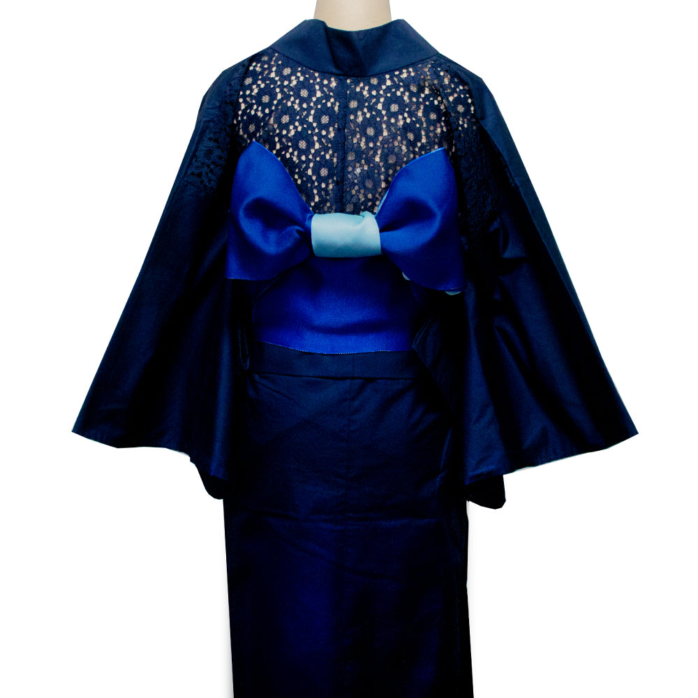 二部式浴衣/無地とレース(紺)＆帯セット