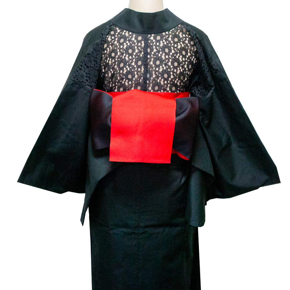 二部式浴衣/無地とレース(黒)＆帯セット