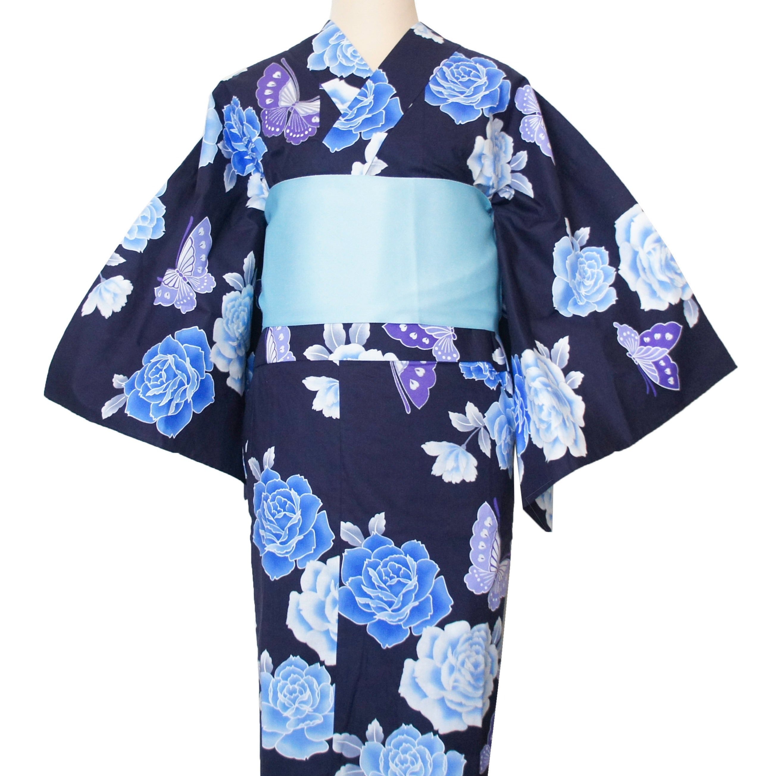 二部式浴衣/牡丹と蝶(紺)＆帯セット