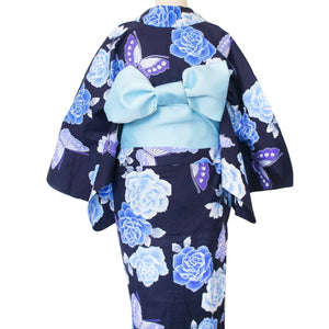二部式浴衣/牡丹と蝶(紺)＆帯セット