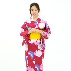 二部式浴衣/牡丹と蝶(赤)＆帯セット