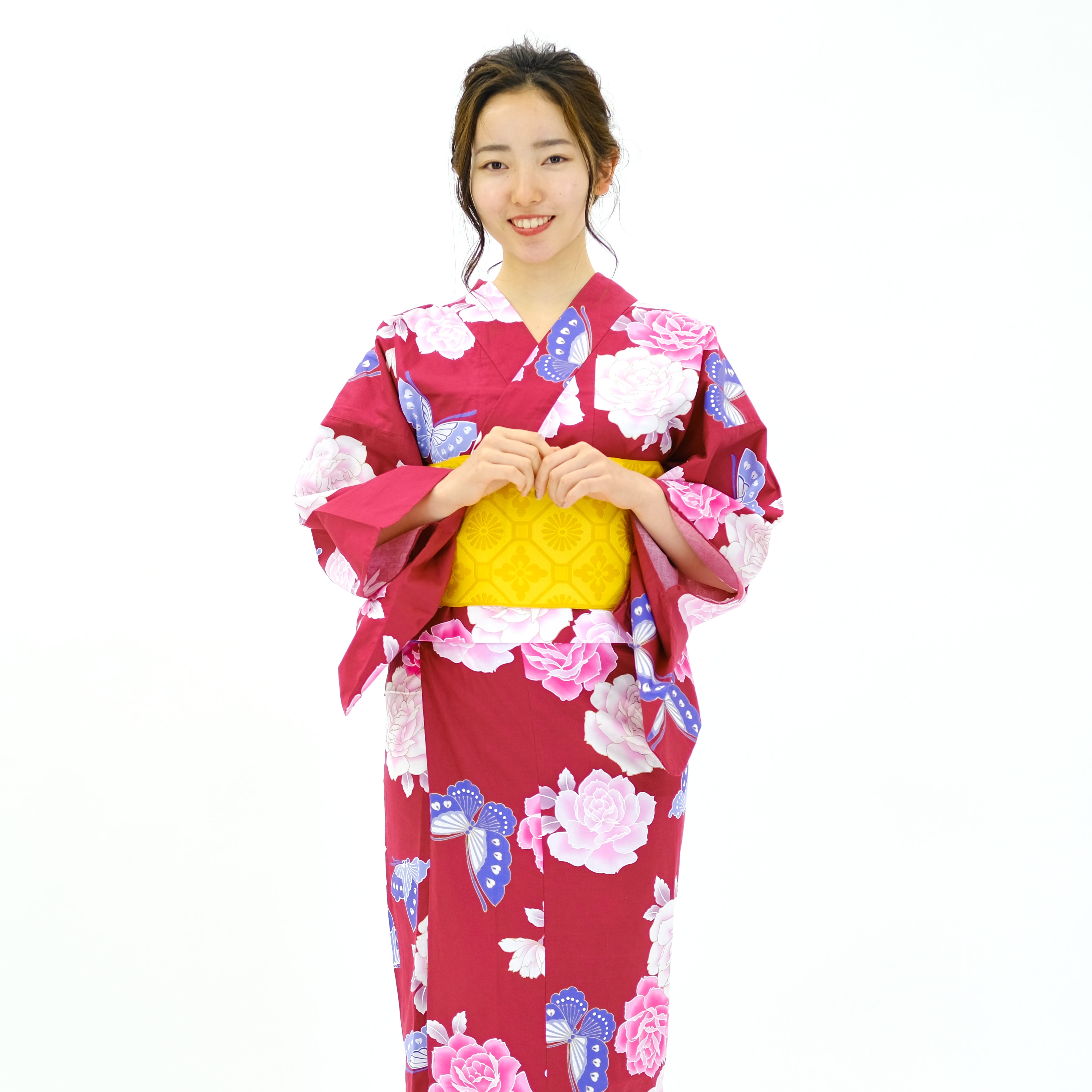 二部式浴衣/牡丹と蝶(赤)＆帯セット