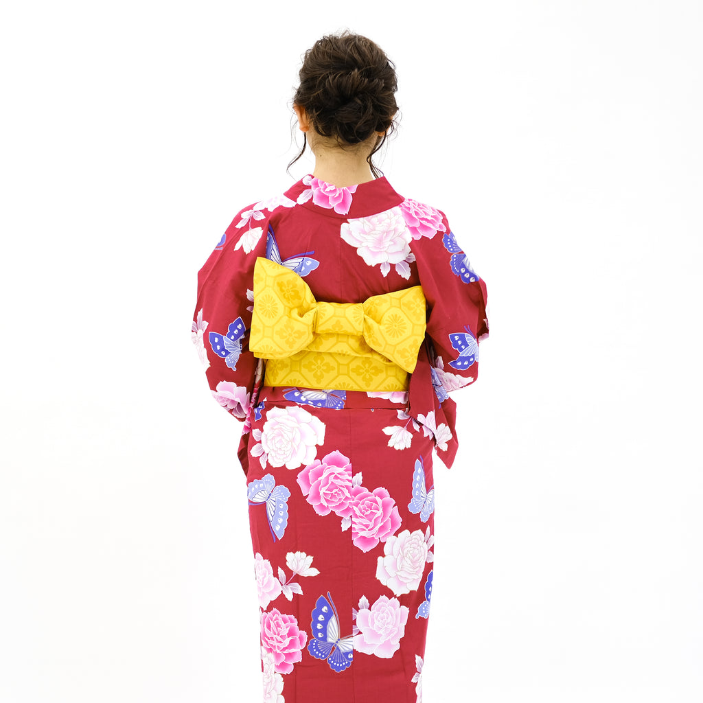 二部式浴衣/牡丹と蝶(赤)＆帯セット
