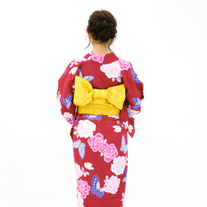 二部式浴衣/牡丹と蝶(赤)＆帯セット