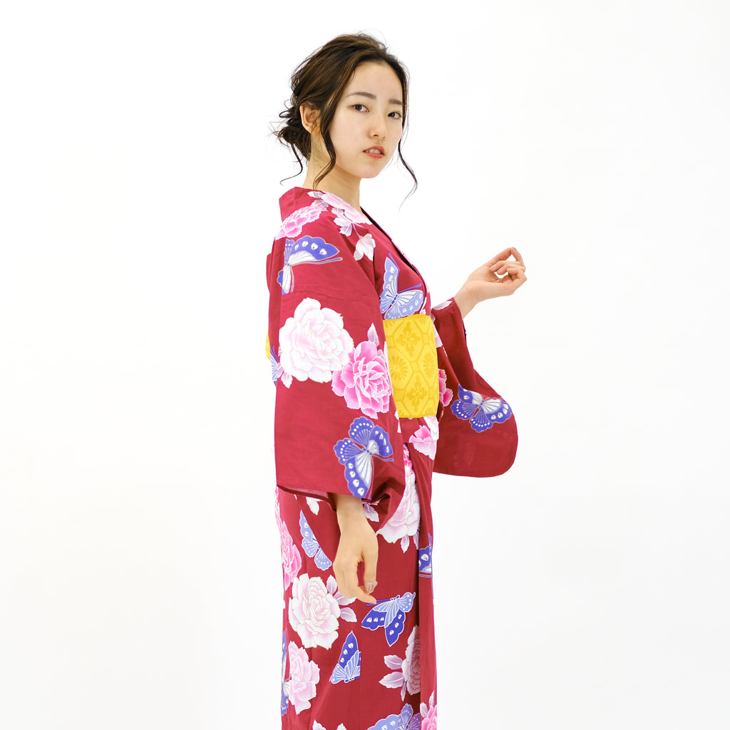 二部式浴衣/牡丹と蝶(赤)＆帯セット