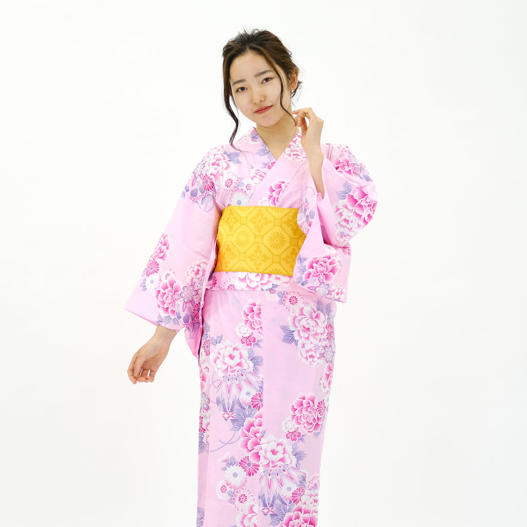 二部式浴衣/牡丹と菊(銀ラメ)＆帯セット