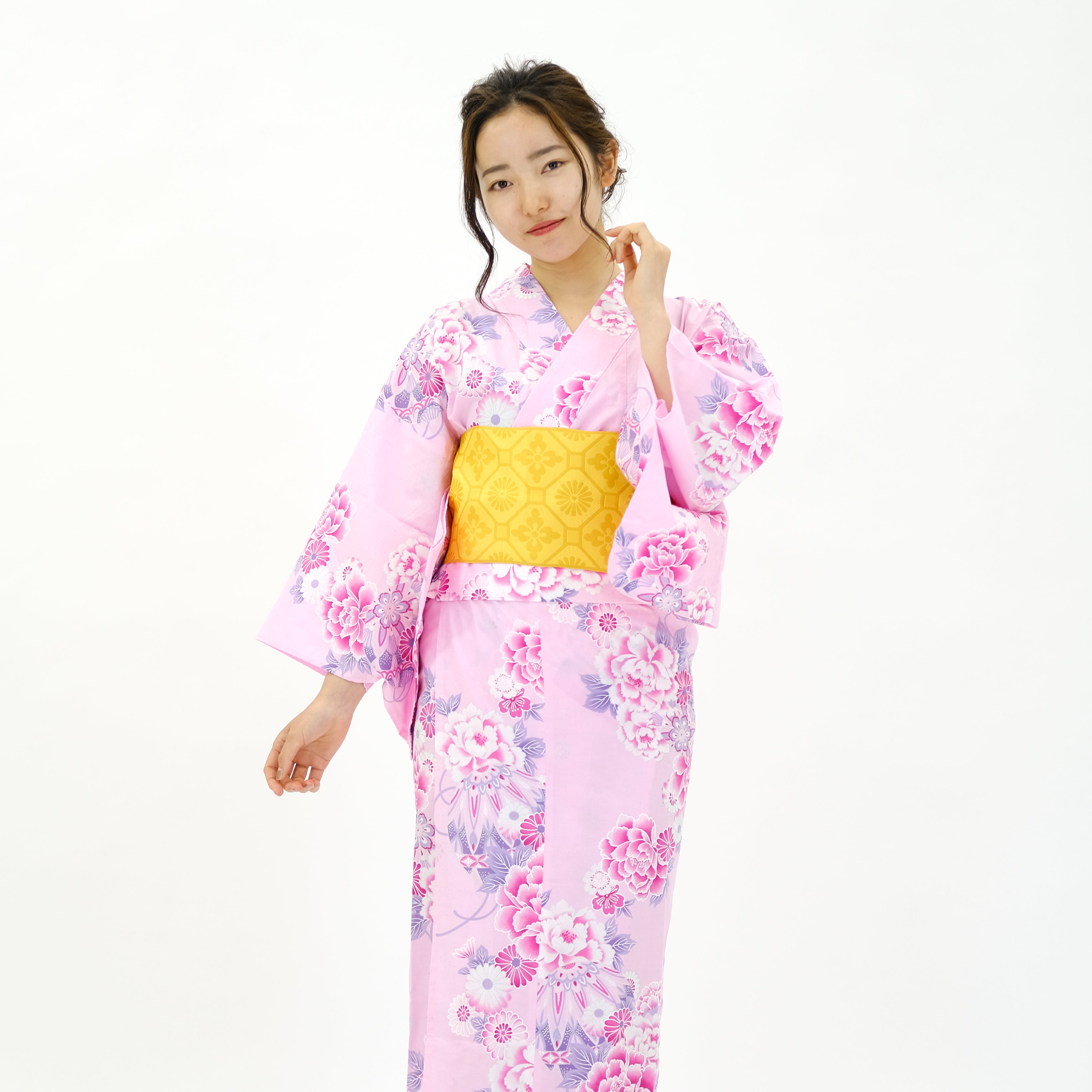 二部式浴衣/牡丹と菊(銀ラメ)＆帯セット