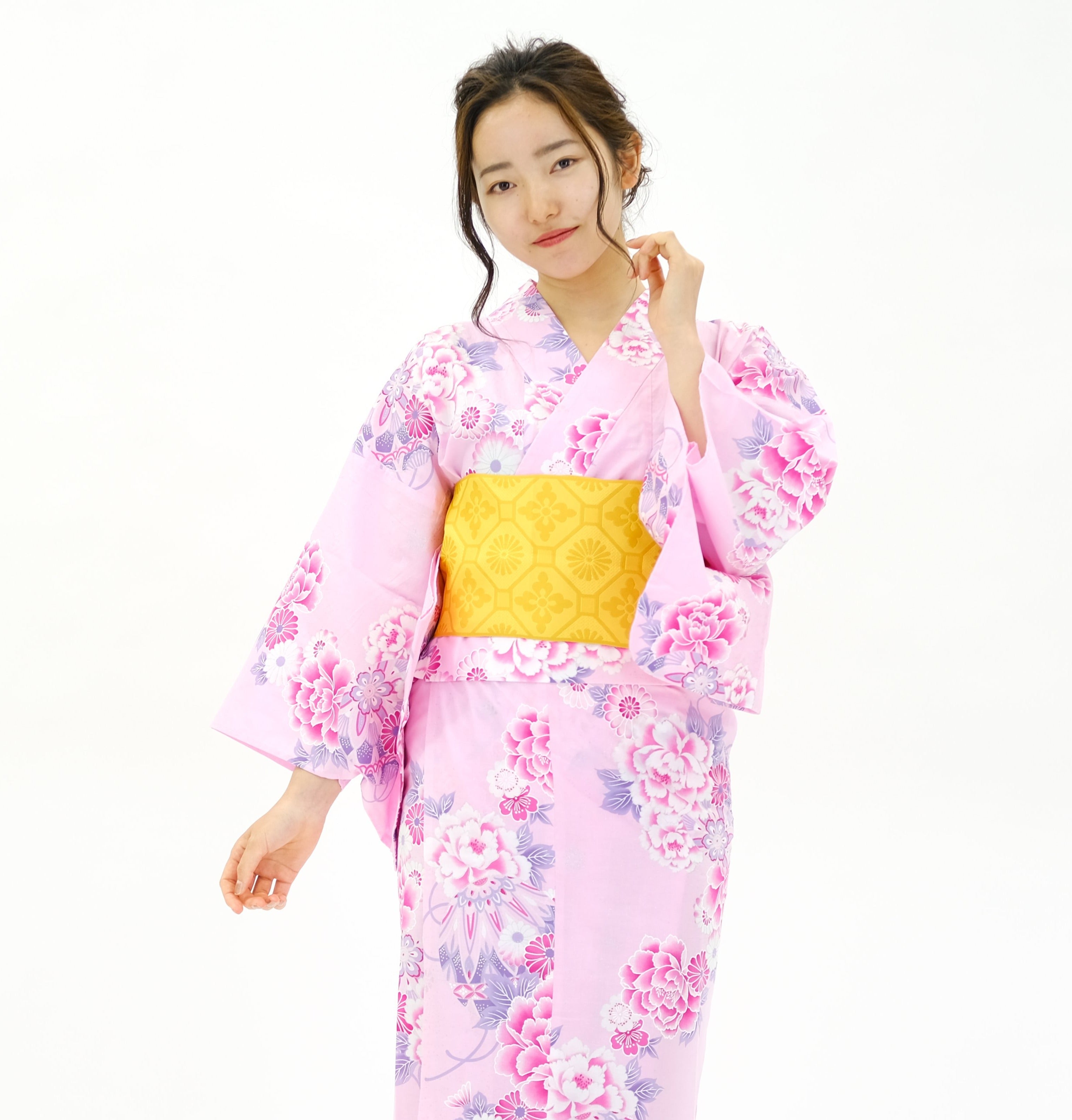 二部式浴衣/牡丹と菊(銀ラメ)＆帯セット