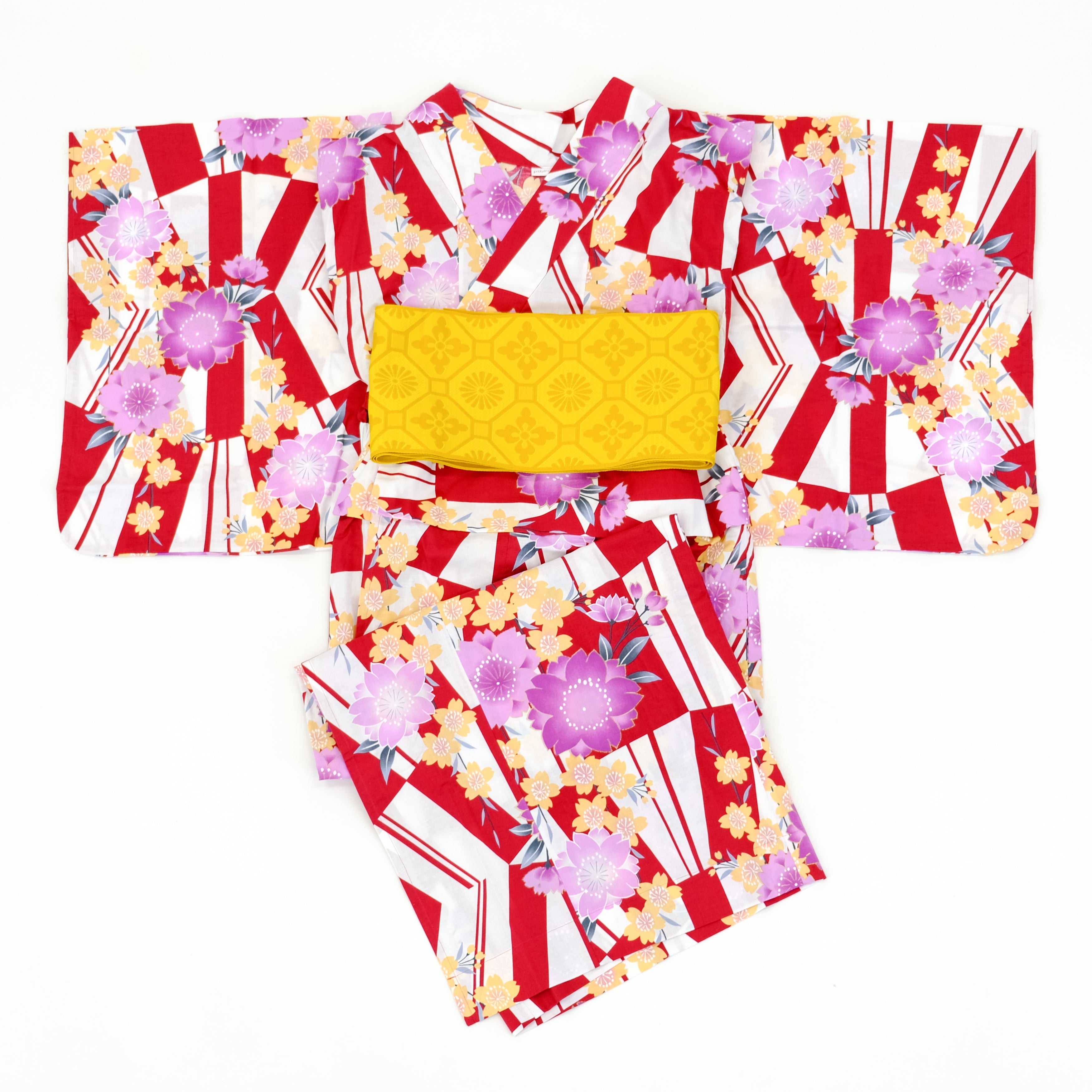 二部式浴衣/変則市松と桜(赤)＆帯セット