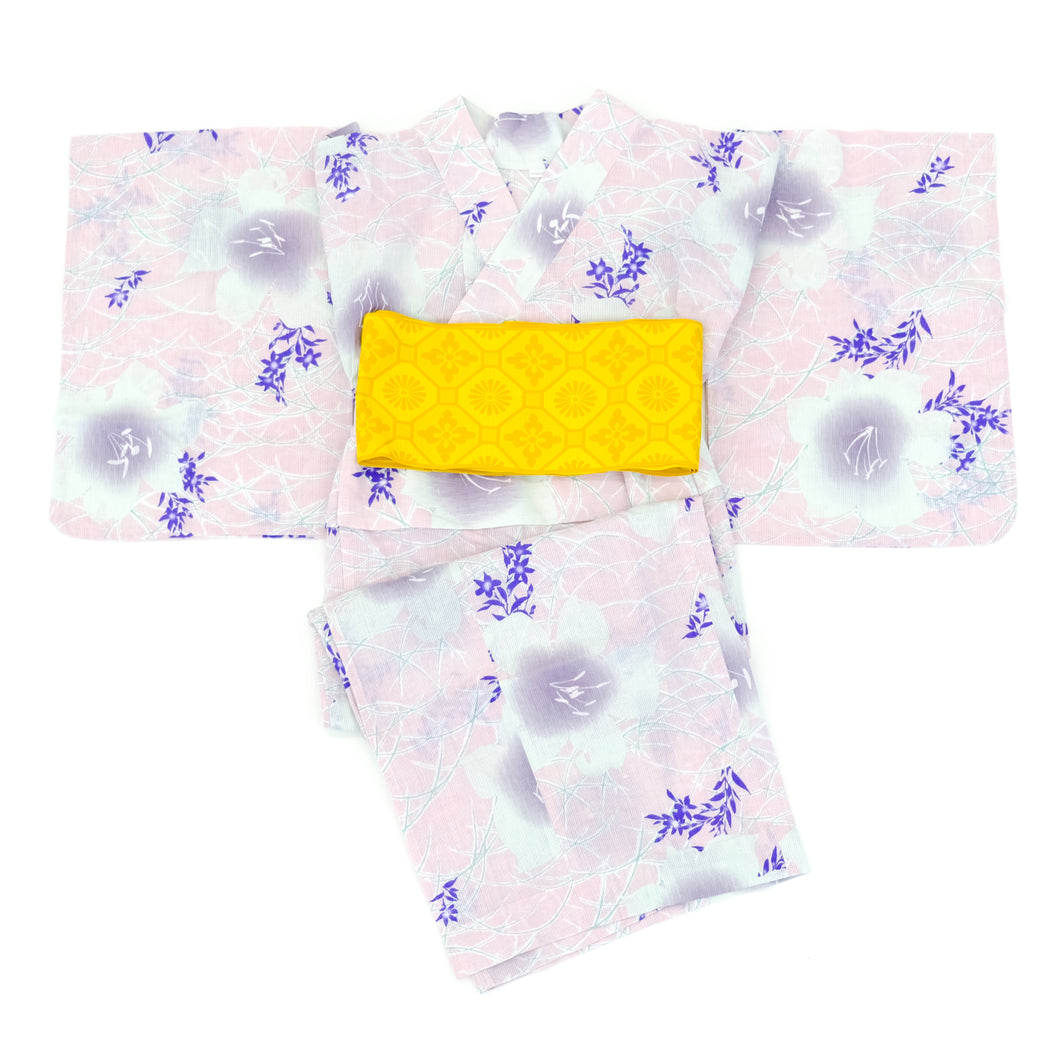 二部式浴衣/ユリと芝草(ピンク)＆帯セット