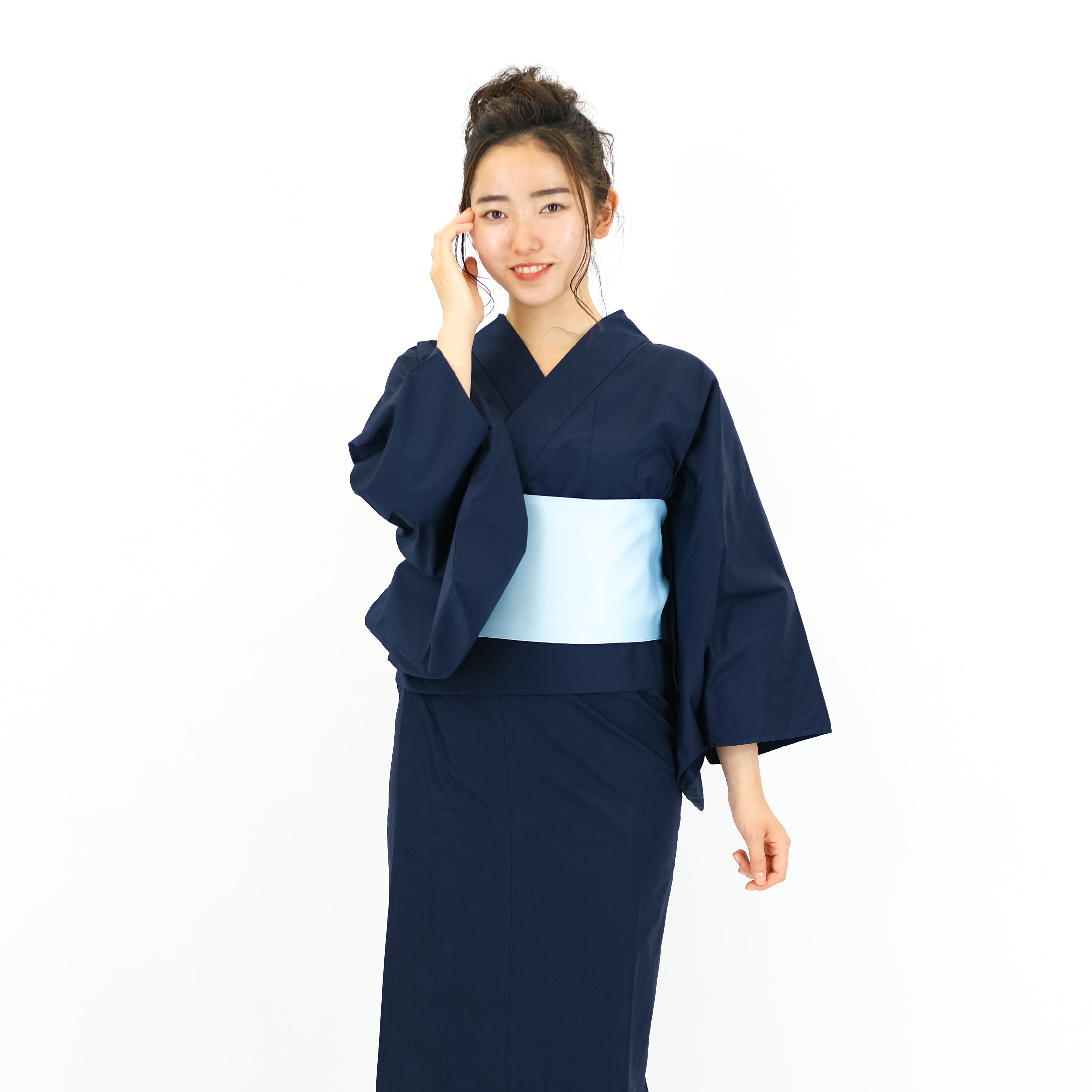 二部式浴衣/無地とレース(紺)＆帯セット