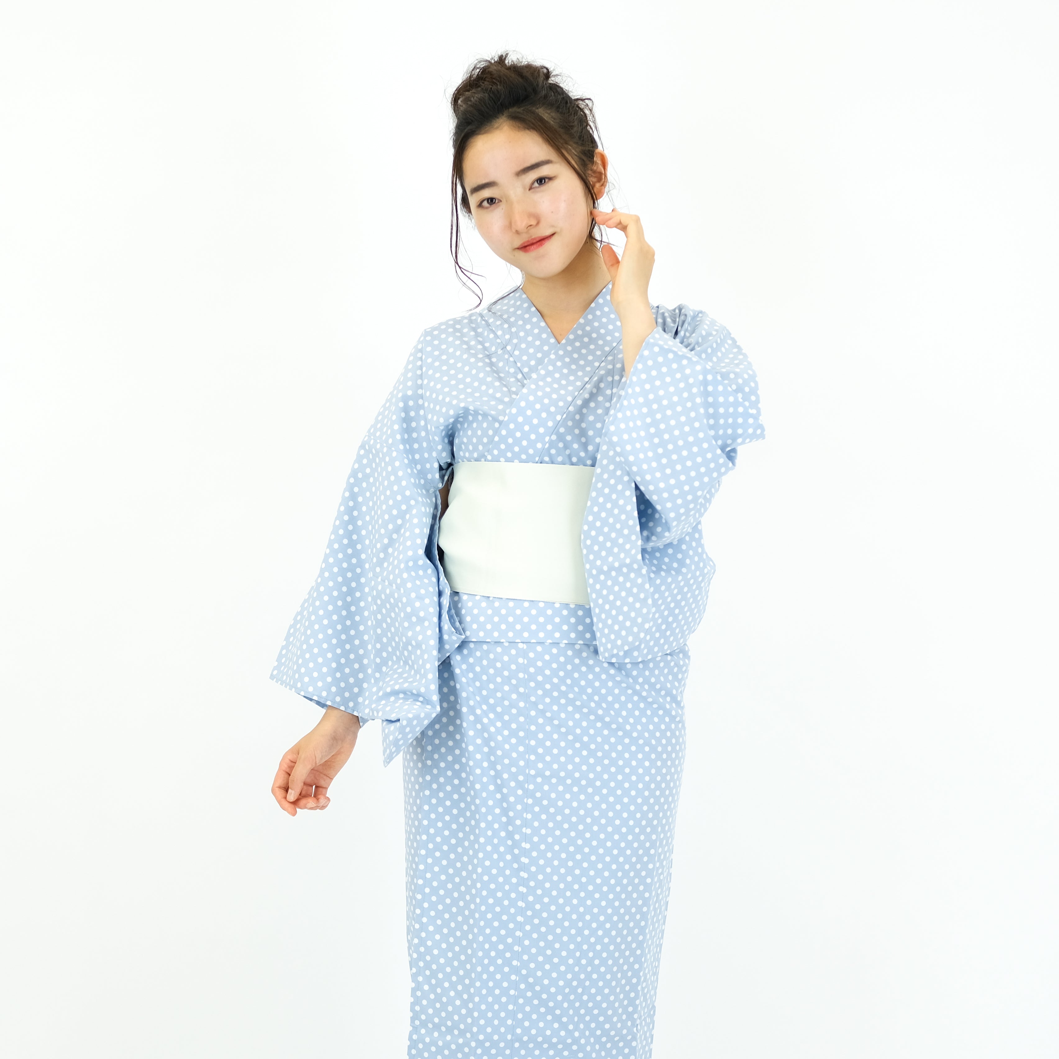 二部式浴衣/水玉とレース(水色)＆帯セット