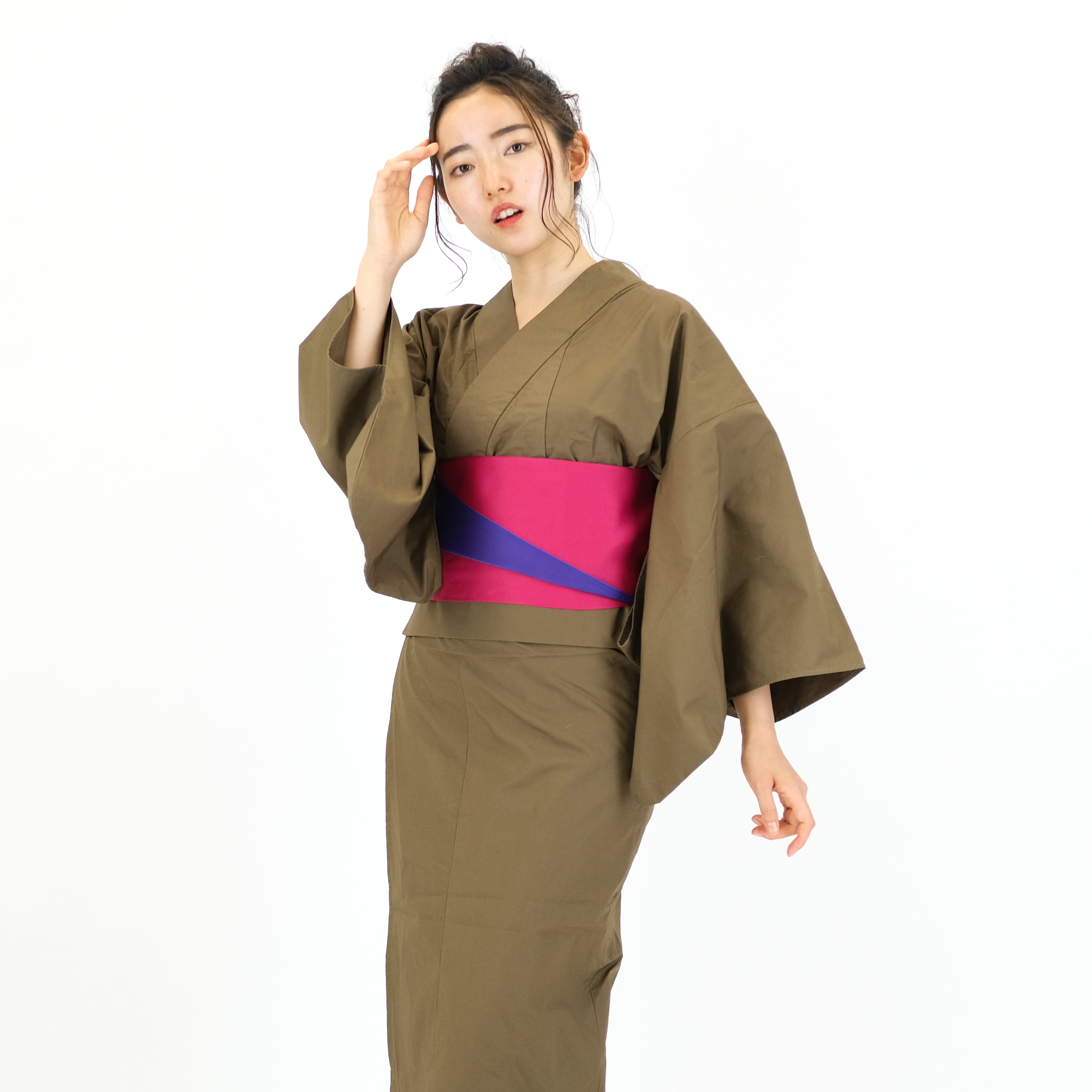 二部式浴衣/無地とレース(カーキ)＆帯