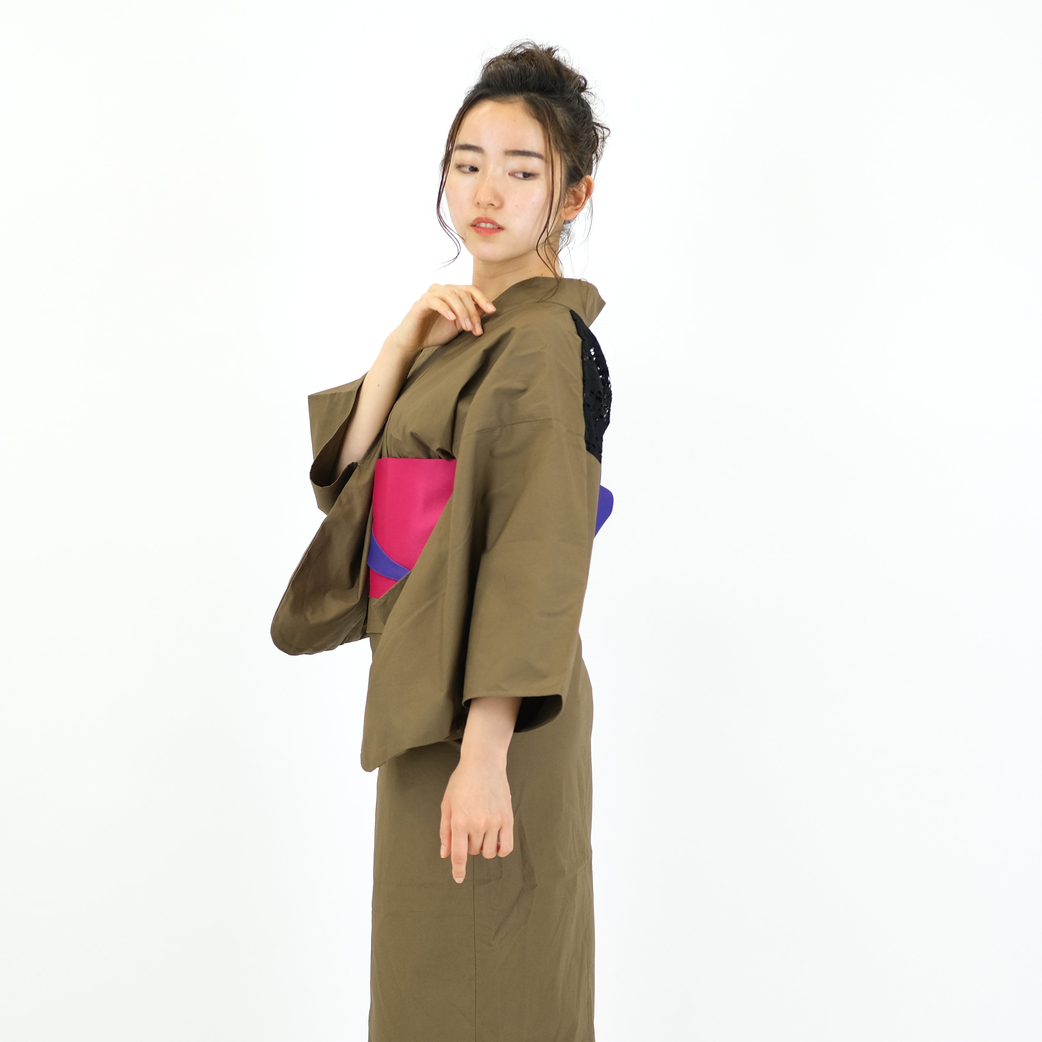 二部式浴衣/無地とレース(カーキ)＆帯