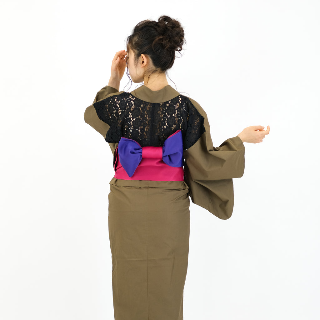 二部式浴衣/無地とレース(カーキ)＆帯