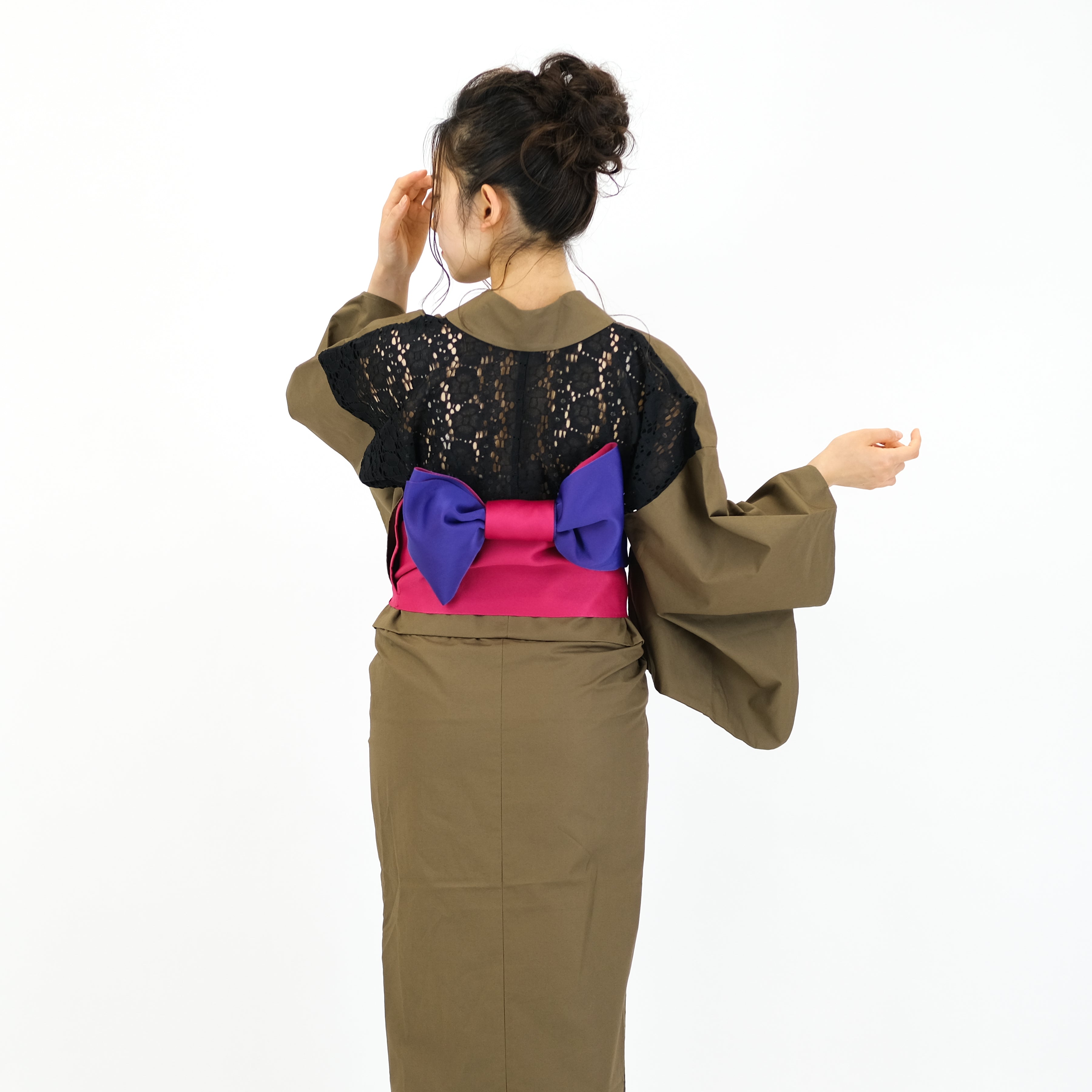 二部式浴衣/無地とレース(カーキ)＆帯