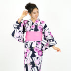 二部式浴衣/変則市松と桜(紺)＆帯セット