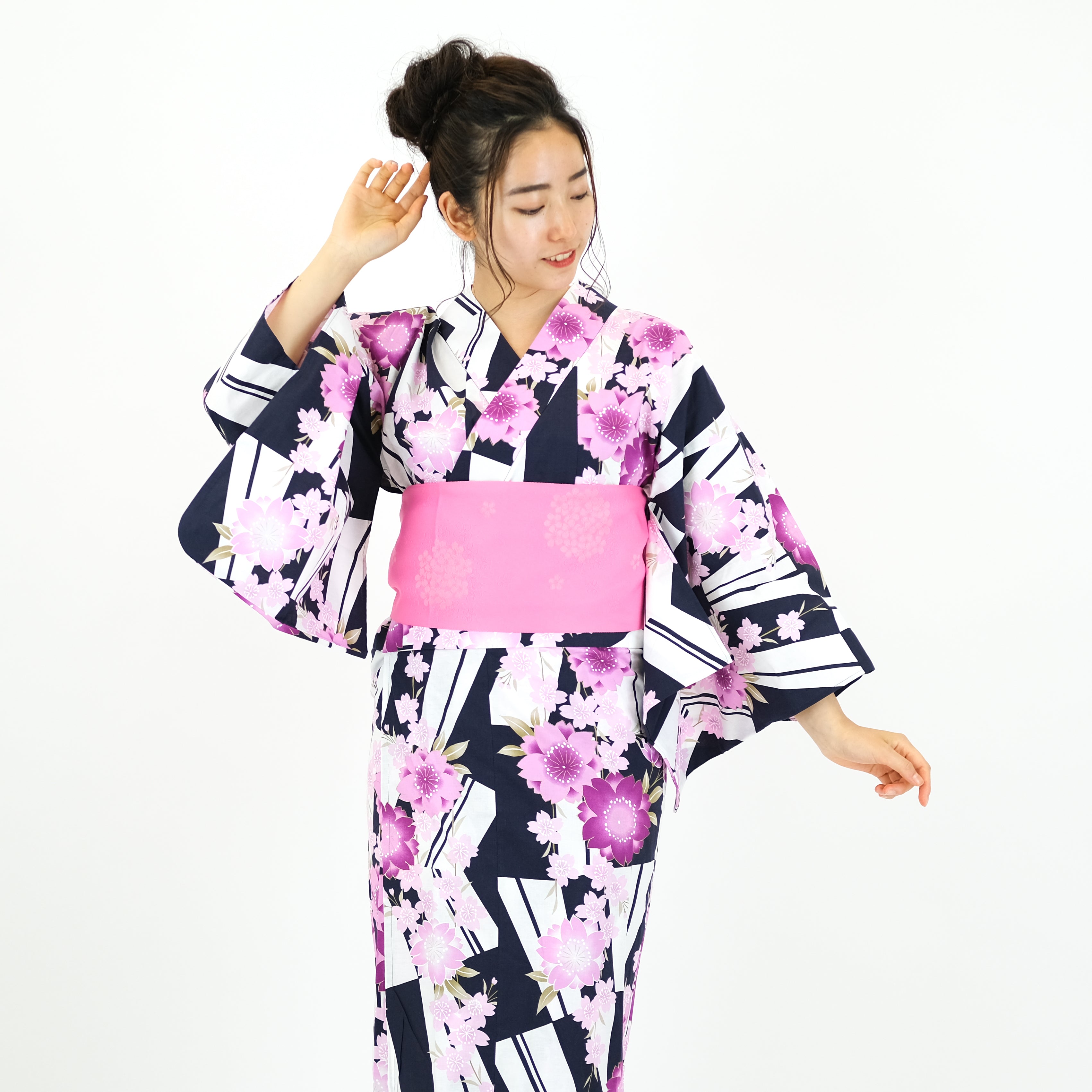 二部式浴衣/変則市松と桜(紺)＆帯セット