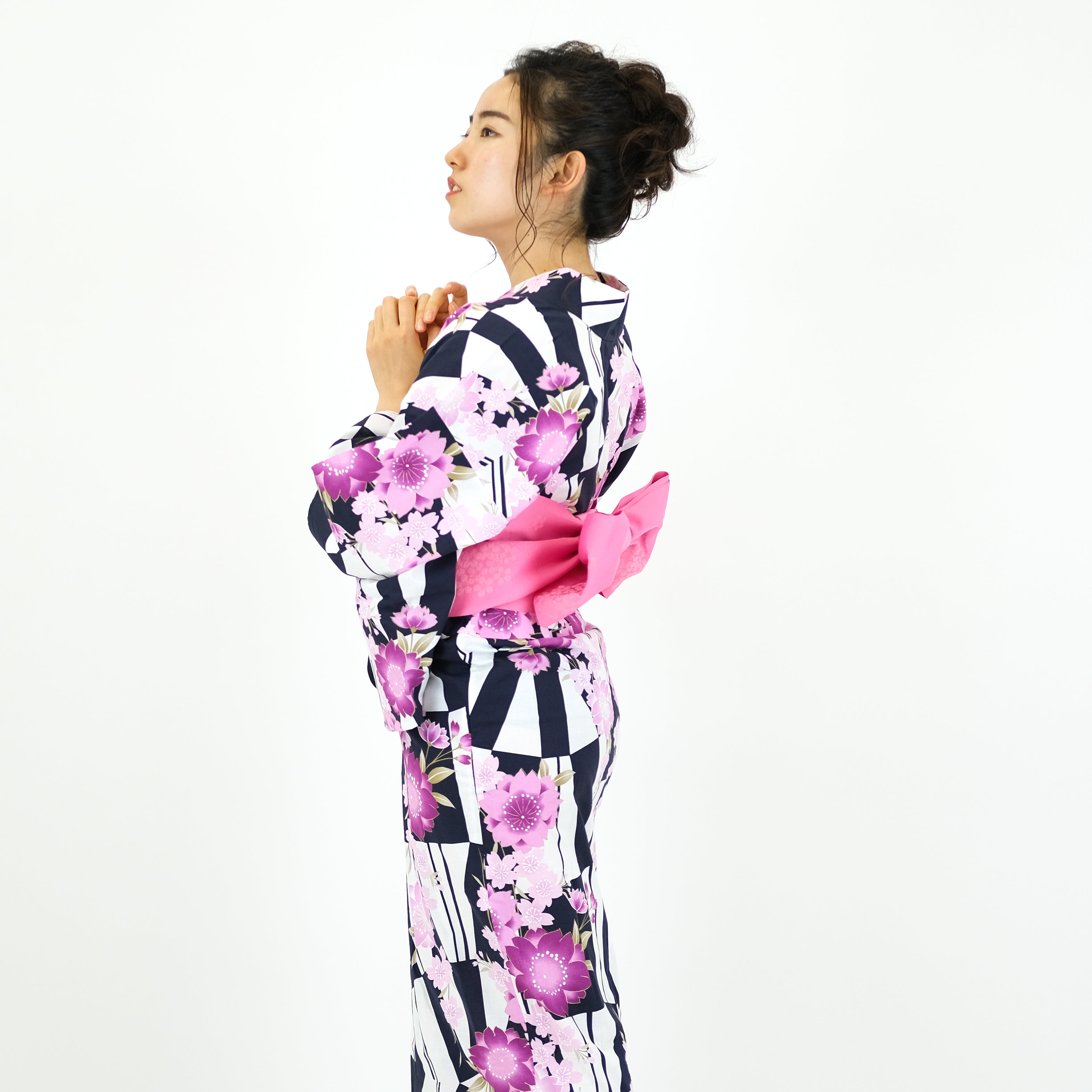 二部式浴衣/変則市松と桜(紺)＆帯セット