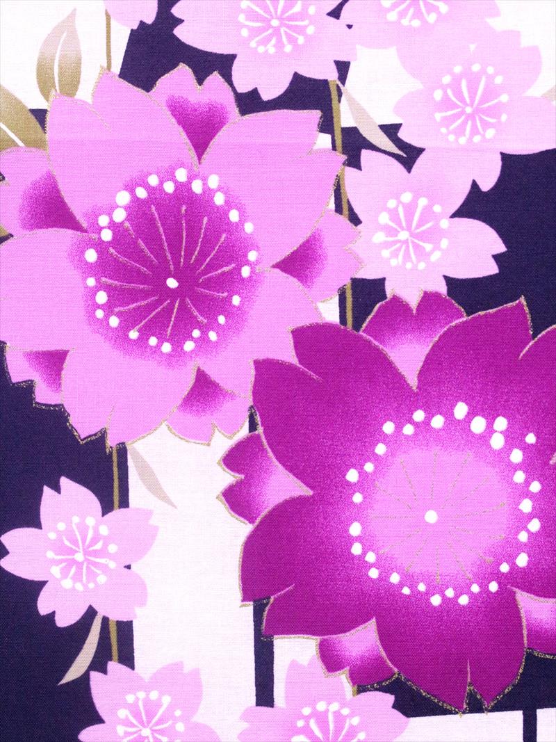 二部式浴衣/変則市松と桜(紺)＆帯セット