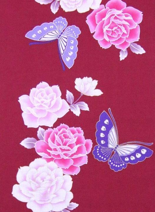 二部式浴衣/牡丹と蝶(赤)＆帯セット